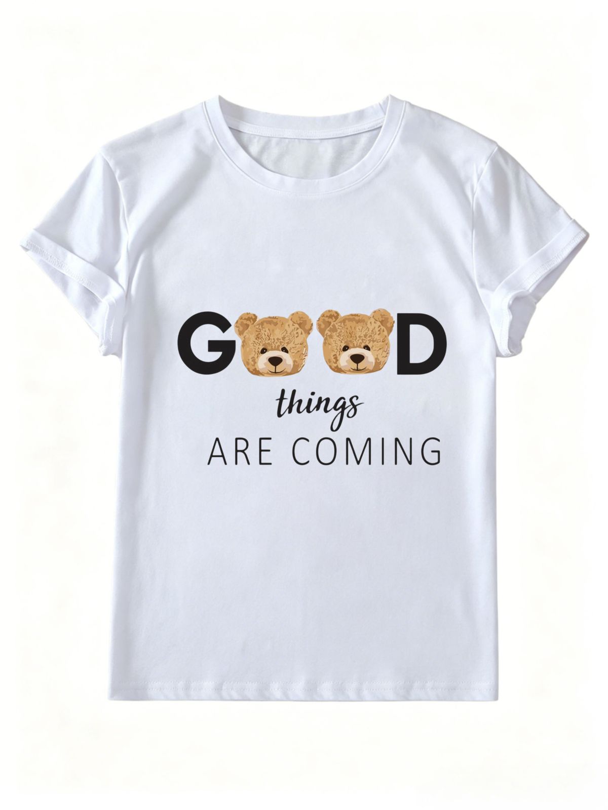 Women Crew Neck Short Sleeve T-Shirt Cute Bear Head Inspirational Slogan Graphic Casual Summer Basic Daily Top For Ladies_ecoleips.com