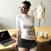 White Turtleneck Short-sleeved Front Shoulder T-shirt For Women's Summer Tight Fit, Slim Fit Inside, Base, Spice Girl, Waist Show_ecoleips.com