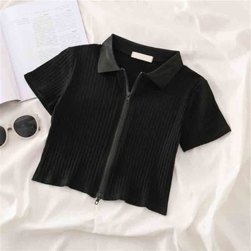 Women's Clothing New Zipper Polo Collar Short Sleeved Shirt Female Summer Slim Fit Thin Thread Short Shoulder Top Trend_ecoleips.com
