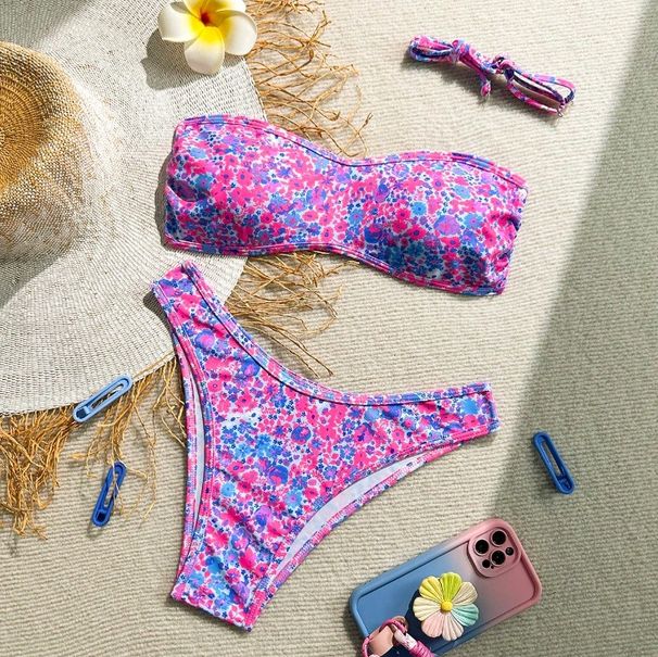 Trendy Swimwear Printed Triangle Cup Bikini Women's Tie Neck Thong Two Piece European American Style New Trending_ecoleips.com