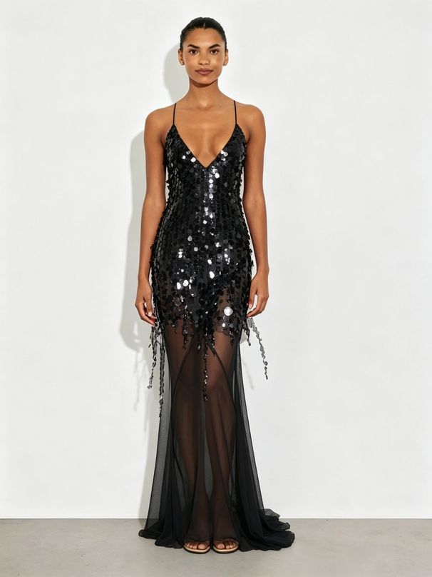 European And American Women's V-Neck Backless Slim Fit Sequined Fishtail Dress Long Skirt Independent Station 8106 Sexy Sling_ecoleips.com