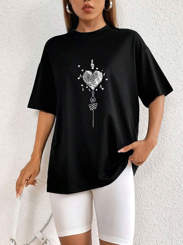 Women's Casual Black T-Shirt round Neck Short Sleeve Heart Print Loose Fit European American Style Simple Sports Top for Summer_ecoleips.com