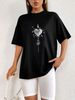 Women's Casual Black T-Shirt round Neck Short Sleeve Heart Print Loose Fit European American Style Simple Sports Top for Summer_ecoleips.com