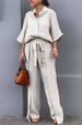 Women's Clothing Casual Cotton And Linen Solid Color Shirt Belt Wide Leg Irregular Pants Suit_ecoleips.com