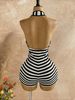 Black & White Striped Halter Neck Bodysuit - Cutout Design Jumpsuit For Women, Sexy Backless Summer Outfit With Waist Accent_ecoleips.com