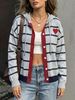 Grey Navy Stripe Heart Pit Rib Knit Hooded Cardigan, Loose Lightweight Breathable Soft Skin-touch Drawstring Button Jacket_ecoleips.com