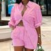 Women's Summer Casual Blue Striped Shirt And Shorts Set Short Sleeved Vacation Style_ecoleips.com