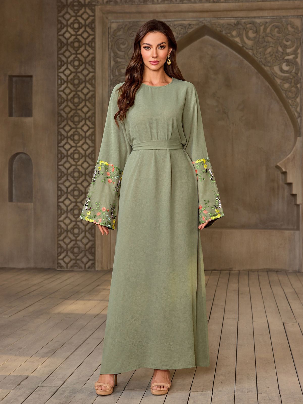 2025 Spring Summer New Muslim Fashion Floral Embroidered Sleeve Elegant Cover-up Long Dress_ecoleips.com
