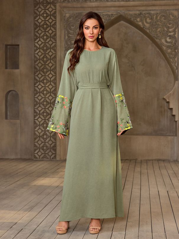 2025 Spring Summer New Muslim Fashion Floral Embroidered Sleeve Elegant Cover-up Long Dress_ecoleips.com
