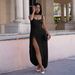 Elegant Split-Thigh Dress With Flowing Tie Details - Stretchy Four-Way Knit Fabric, Sleeveless Bodycon Midi Set_ecoleips.com