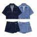 Women's Casual Pocket Denim Shirt Asymmetric CulottesSuit_ecoleips.com