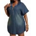 Plus Size Denim Shirt Dress With Half-Zip – Oversized Comfort, Vintage Wash, 3/4 Sleeve For Casual & Modest Style_ecoleips.com