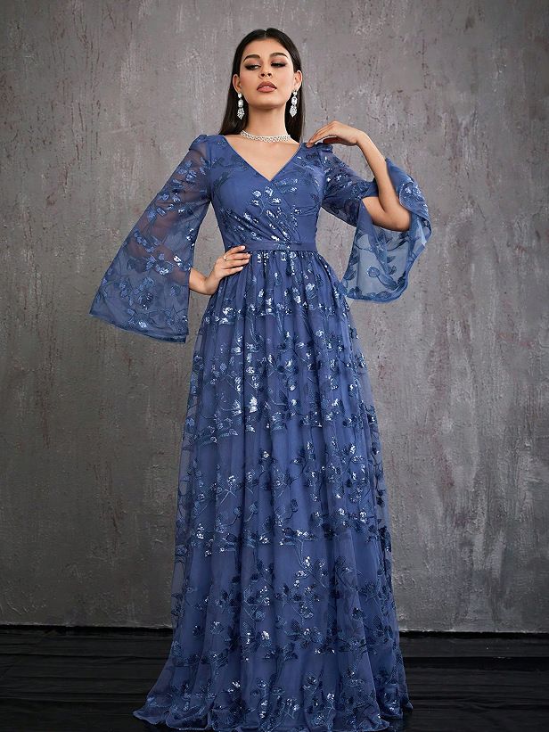 New European American Style Sequined Long-sleeve Blue Evening Dress, Elegant And High-end, Simple V-neck Party Dress_ecoleips.com