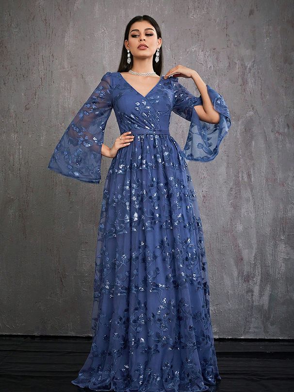 New European American Style Sequined Long-sleeve Blue Evening Dress, Elegant And High-end, Simple V-neck Party Dress_ecoleips.com