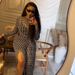 Abstract Print Wrap Dress – High-Neck, Long Sleeve, Bodycon With Side Slit (Milk Silk Poly-Spandex, S/M/L, Black, Euro Office-to-Outing Dress)_ecoleips.com
