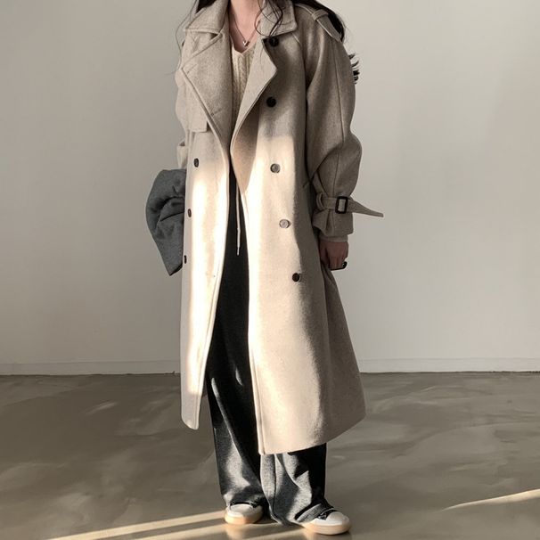Korean Chic Double-Breasted Trench Coat – Belted Waist Long Wool Coat For Women (Oversized Fit, Knee-Length, Vintage Style)_ecoleips.com
