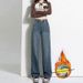High-waisted Denim With Leather Label Design For Women, Fleece-lined, Wide-leg, Slimming, 2026 Winter New Style, Warm,_ecoleips.com