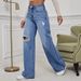 Cross-border European And American Fashion Trend Loose Ripped Women's Washed Pocket Mid-waist Wide-leg Straight Jeans_ecoleips.com