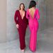 European And American Cross-Border Women's 2025 Autumn New Fashion Sexy V-Neck Slim Pleated Solid Color Long Sleeve_ecoleips.com