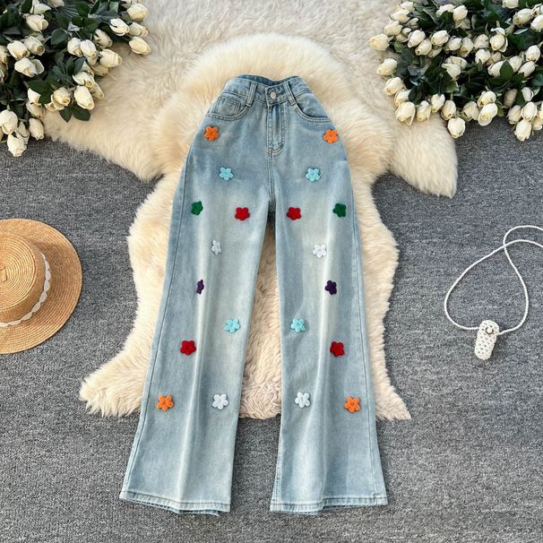 "Women's High Waisted Floral Embroidered Jeans – Light Blue Loose Fit Wide Leg Denim Pants For Petite & Curvy"_ecoleips.com