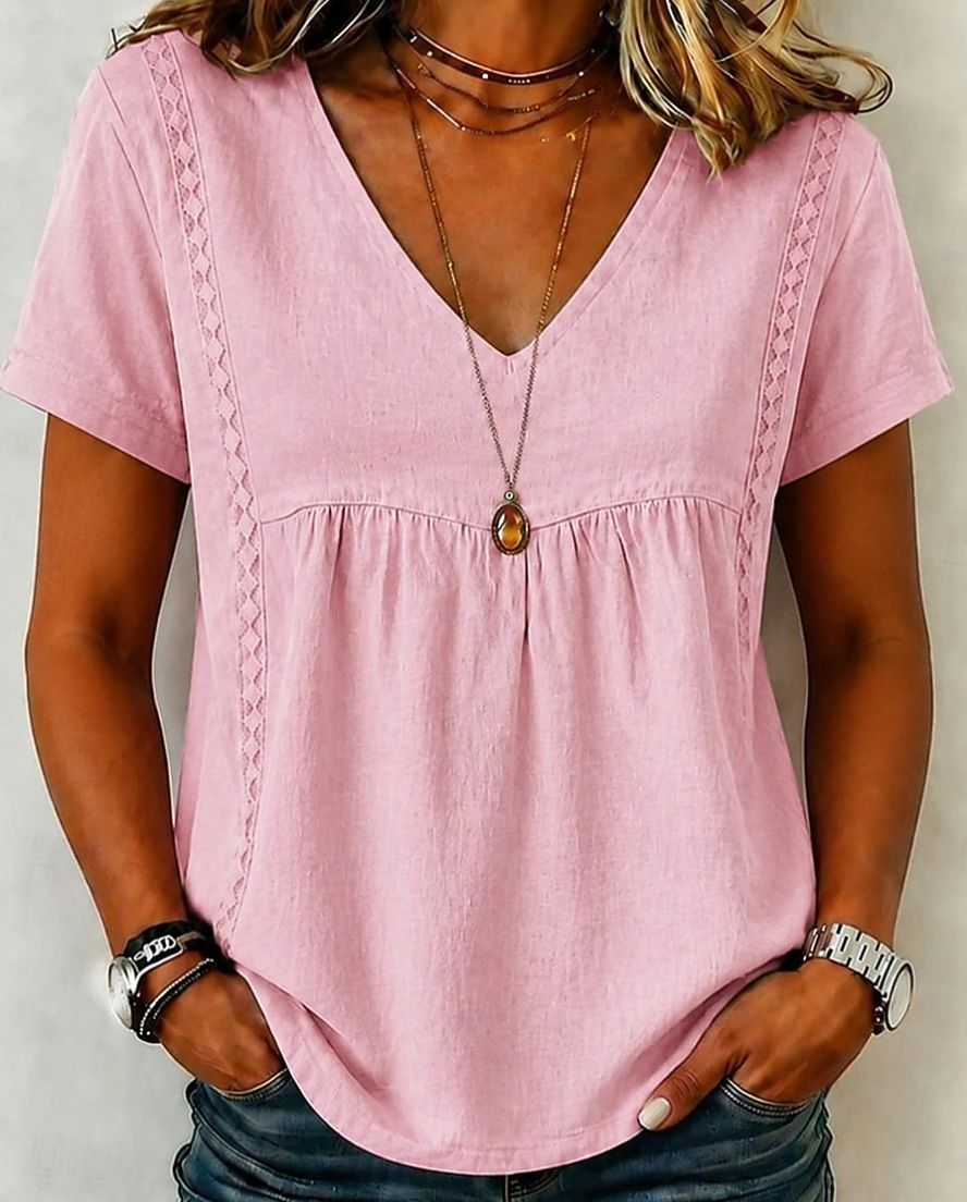 Women's Lace V Neck Pullover Top Solid Color Casual Short Sleeve Shirt American Style Summer New Arrival_ecoleips.com