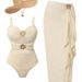 Women's Floral Print One Piece Swimsuit with Wrap Skirt Sexy Elegant Beachwear Set_ecoleips.com