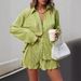 Women's Casual Solid Color Pleated Lapel Long Sleeve Top & 5-Point Shorts Set Comfort Outfit (XS/S/M/L/XL, Green)_ecoleips.com