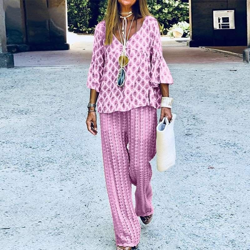 Women's Clothing Printed Fashion Loose Casual Trousers Set Short Sleeve V-Neck Sportswear_ecoleips.com