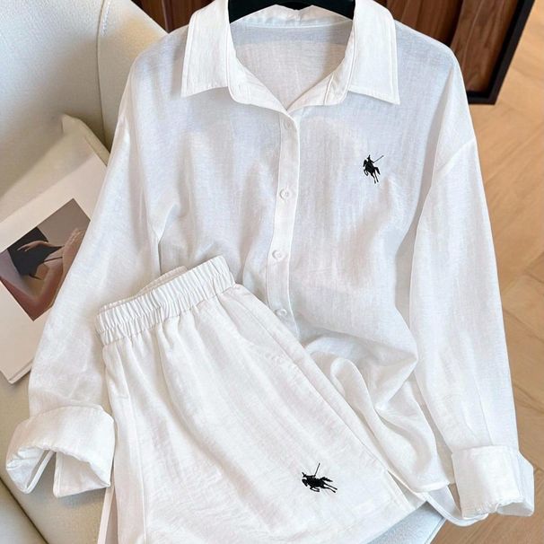 Women's Linen Pajama Set, Lightweight 2 Piece Button-Down Shirt & Shorts, Breathable Casual Loungewear With Embroidery, For Sleepwear & Daily Home Wea_ecoleips.com
