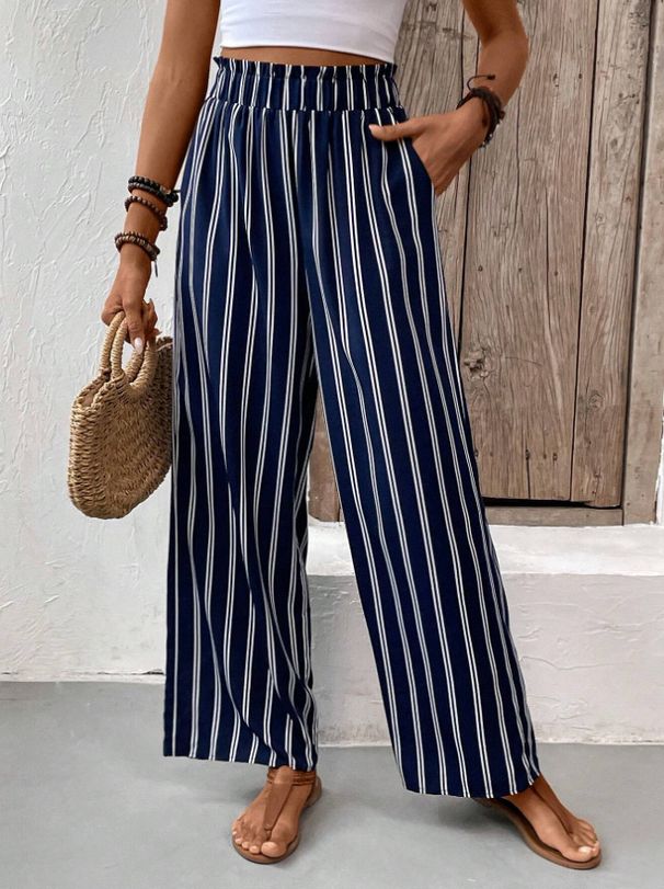 Women's High Waist Striped Wide Leg Pants Loose Casual Style Summer 2023 Straight Leg Loose Fit Bottoms_ecoleips.com