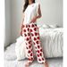 Women White Ruffle Sleeve Top Heart Print Long Pants Pajama Set Summer Soft Sleepwear Two Piece Lounge Wear Cute Nightwear_ecoleips.com