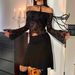 European American Cross-border 2026 Autumn And Winter New Elegant Women's Black Floral Mesh Off-shoulder Bell-sleeve_ecoleips.com