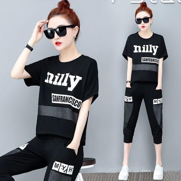 Plus Size Women's Patchwork Two Piece Set Summer Casual Loose Fit Short Sleeved Top And Capri Pants_ecoleips.com