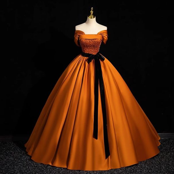 Women's Clothing Sunset Orange Satin Opera Gown With Sweetheart Neckline & Structured A-Line Skirt – Breathable Polyester Recital Dress_ecoleips.com