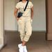 Women's Summer Suit Set Solid Color Printed Short Sleeve Top And Cargo Jogger Pants_ecoleips.com