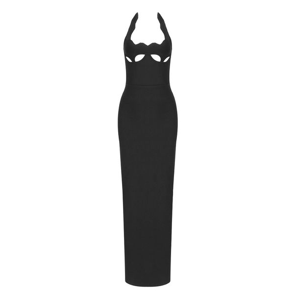 Women's Clothing Retro Style Black Long Dress Halter Neck Hollow Out Bandage Design Women's Sexy Spring Fashion_ecoleips.com