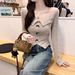 American Retro Style Sexy Pleated Square-neck Bow Irregular Long-sleeve T-shirt For Women, Autumn Chic And Sophisticated_ecoleips.com
