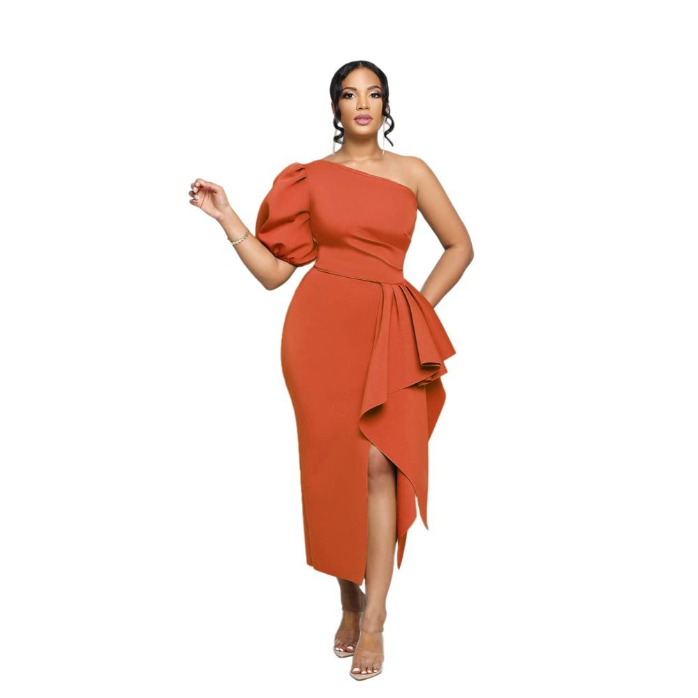 Women's Clothing one-shoulder slit dress with elegant puff sleeves, fashionable and slim-fitting_ecoleips.com