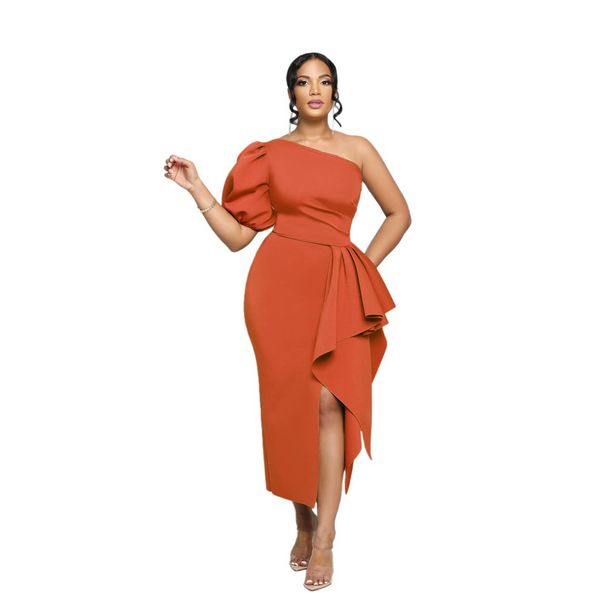Women's Clothing one-shoulder slit dress with elegant puff sleeves, fashionable and slim-fitting_ecoleips.com