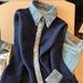 Women's Clothing Women's Collared Cardigan Long Sleeved Denim Patchwork Double Zipper Knitted Sweater Versatile Faux Two Piece Autumn Winter Style_ecoleips.com