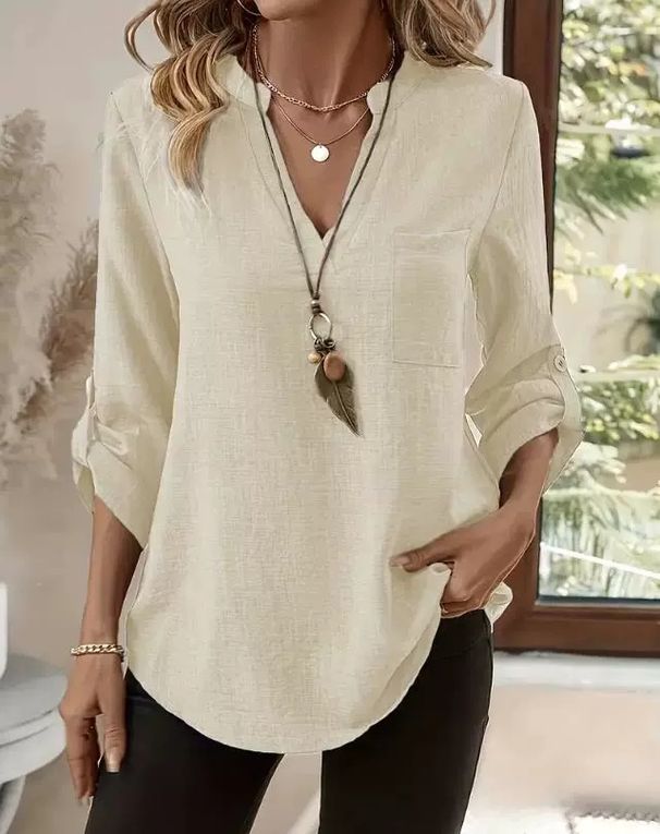 Breathable Linen-Blend Shirt For Women - Relaxed Fit V-Neck Casual Top In Solid Colors (S-XXL)_ecoleips.com