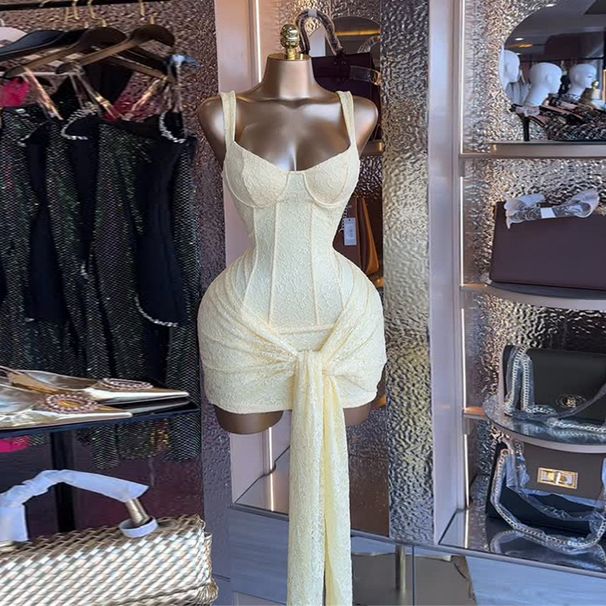 Elegant Lace Bodycon Dress For Women - Sexy Sleeveless High Waist Mini Dress With Adjustable Straps (Brown, Light Green, Light Yellow)_ecoleips.com