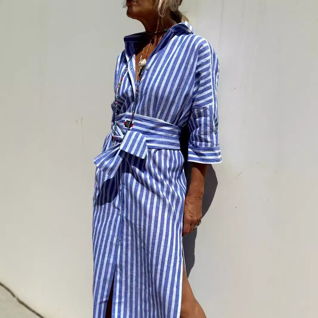 Women's Mid-Length Striped Cardigan Lapel Shirt Dress Casual Elegant American Style Thin Five-Point Sleeve For Spring/Autumn Summer_ecoleips.com
