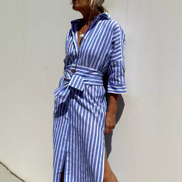 Women's Mid-Length Striped Cardigan Lapel Shirt Dress Casual Elegant American Style Thin Five-Point Sleeve For Spring/Autumn Summer_ecoleips.com