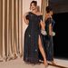 Sparkling Off-Shoulder High-Slit Maxi Dress For Women | Plus Size Evening Gala Cocktail Party Gown With Sequins_ecoleips.com