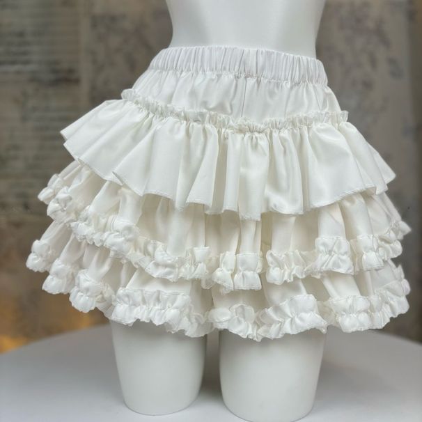 Creamy White Ruffled Midi Skirt for Women High-Waisted Slimming Petite Ballet Style Puffy Girly Cake Summer Skirt_ecoleips.com