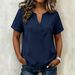 Women's Loose V Neck Short Sleeve Shirt Solid Color Striped Summer Top European American Style Independent Site Clothing 2026_ecoleips.com