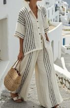 Striped Short-Sleeve Top & Relaxed Pants Set – Breathable Cotton-Blend 2-Piece Outfit For Women (Xs-Xxxl, Casual To Office Wear)_ecoleips.com