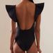 Women's Clothing Black One-Piece Backless Swimsuit With Lace Hemline Adult Pure Color Polyester Fabric_ecoleips.com