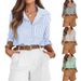 Classic Long Sleeve Stripe Shirt For Women, Versatile Button-Down Blouse With Chest Pocket, Smart Casual Office Wear_ecoleips.com